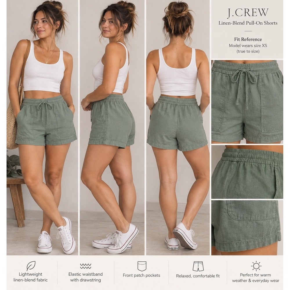J.Crew Womens Linen-Blend Pull-On Shorts Sage Green XS Drawstring Pockets